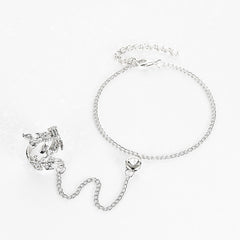 Fashion Chain Link Ring Full Rhinestone Vintage Flower Double Finger Rings