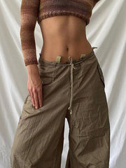 Khaki Low Rise Cargo Pants Vintage Baggy Wide Leg Trousers Streetwear
