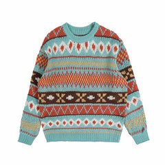 Knitted Vintage Graphic Sweater with Pattern Brown Blue Pullovers Sweaters and Jumpers Korean Streetwear