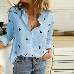 Leisure White Yellow Shirts Button Lapel Cardigan Top Lady Loose Long Sleeve