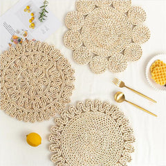 Handmade Round Placemat Made Of Corn Husk Wipeable Table Mat