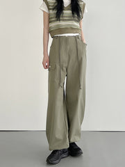 Fairycore Green Cargo Pants Fashion One Side Pocket Low Rise Casual Pants