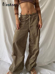 Khaki Low Rise Cargo Pants Vintage Baggy Wide Leg Trousers Streetwear