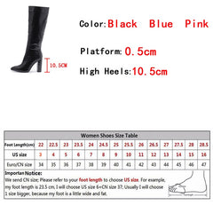 Pointed Toe Zip Knee High Boots Fashion Pink Snake Print Square Heels