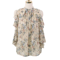 OL Chiffon Shirt Women Off-Shoulder Pullover Floral Loose Blouse