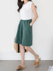 Summer Shorts for Women Cotton Linen Elastic Waist Knee-length Shorts