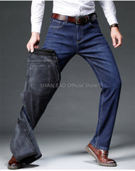 Brand Fit Straight Fleece Thick Warm Jeans Classic Badge