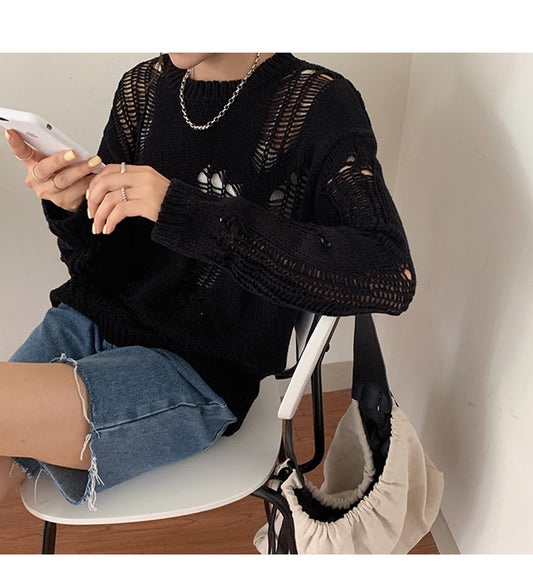 Style Long-sleeved Hole Sweater Asymmetric Hem Loose Pullover