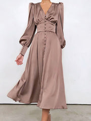 Beige Single Breasted Elegant Party Club High Waist Satin Long Dress
