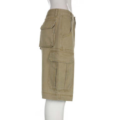 Khaki Cargo Pants High Waist Baggy Pocket Patchwork Knee Length Shorts Vintage