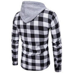 Long-sleeved Hooded Plaid Shirt with Pockets Mens Shirts