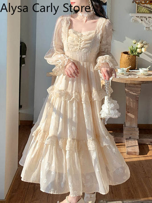 Court Vintage Fairy Dress Sweet Ruffles High Waist Elegant Princess