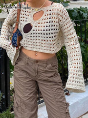 Hollow Out Cropped Knit Smock Top Vintage Loose Distressed Crochet Pullovers