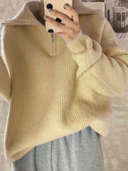 Women Sweater Oversize Zipper Knitted Pullover Long Sleeve Solid Color Lo
