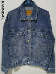 Vintage Women Jacket Oversize Denim Jackets Washed Blue Jeans Coat