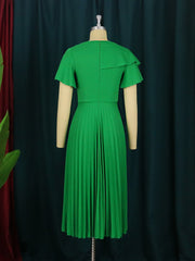 Elegant Women Green Dress Short Sleeve Ruffles Pleated Midi Dresses