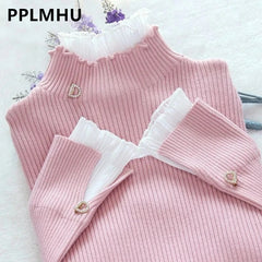 Patchwork Warm Sweater Elegant Long Sleeve Slim Turtleneck Knitted