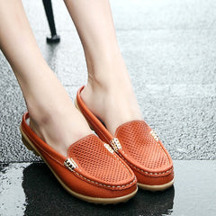 Women Casual Shoes Hollow Out Lady Half Genuine Leather Flats