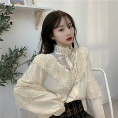 Sweet Loose Clothes Lace Up Ruffled Women Blouses Fashion Stand Collar