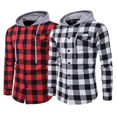 Long-sleeved Hooded Plaid Shirt with Pockets Mens Shirts