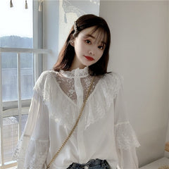 Sweet Loose Clothes Lace Up Ruffled Women Blouses Fashion Stand Collar