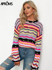 Aprms Multi Color Blocked Knitted Pullover Women Summer Casual Flare Sleeve