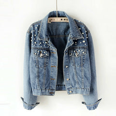 Denim Jacket Vintage Coat Long Sleeve Breasted Leopard-Print Casual Jean