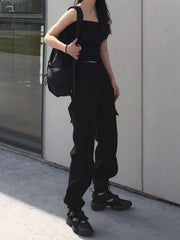 Y2k Button Pockets Patchwork Cargo Pants Women Streetwear High Waist Trousers