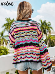 Aprms Multi Color Blocked Knitted Pullover Women Summer Casual Flare Sleeve
