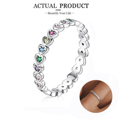 Silver Fashion Rainbow Round Rings Dazzling Zircon Heart Finger Rings