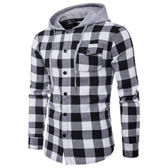 Long-sleeved Hooded Plaid Shirt with Pockets Mens Shirts