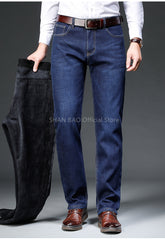 Brand Fit Straight Fleece Thick Warm Jeans Classic Badge