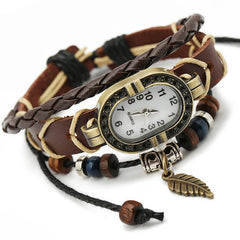 Women Genuine Leather Vintage Quartz Watch Multi Layer Handmade Bracelet