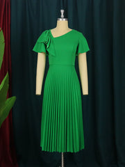 Elegant Women Green Dress Short Sleeve Ruffles Pleated Midi Dresses