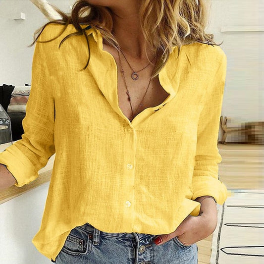 Leisure White Yellow Shirts Button Lapel Cardigan Top Lady Loose Long Sleeve