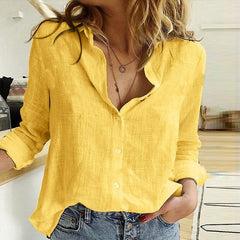 Leisure White Yellow Shirts Button Lapel Cardigan Top Lady Loose Long Sleeve