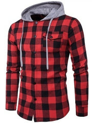 Long-sleeved Hooded Plaid Shirt with Pockets Mens Shirts
