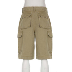 Khaki Cargo Pants High Waist Baggy Pocket Patchwork Knee Length Shorts Vintage
