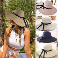 Simple Foldable Wide Brim Floppy Girls Straw Hat Sun Hat Beach