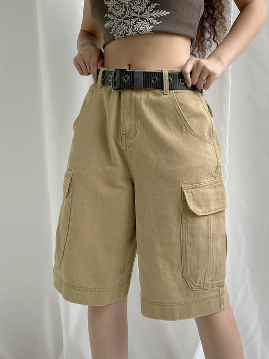 Khaki Cargo Pants High Waist Baggy Pocket Patchwork Knee Length Shorts Vintage
