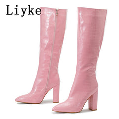Pointed Toe Zip Knee High Boots Fashion Pink Snake Print Square Heels