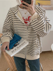 Zip Up Women Korean Style Hoodies For Girls Top Vintage stripe Long Sleeve