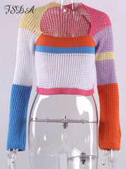 Knitted Long Sleeve Crop Top Patchwork Vintage Casual T Shirts