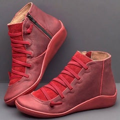 Casual Flat Leather Retro Lace-up Boots Side Zipper Round Toe Shoe Leather Ankle Boots