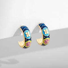 Vintage Enamel Flower Small Hoop Earrings Trendy Geometric Statement
