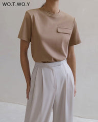 Casual Solid T-shirts Women Fake Pocket O-Neck Cotton Short Sleeve