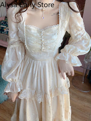 Court Vintage Fairy Dress Sweet Ruffles High Waist Elegant Princess
