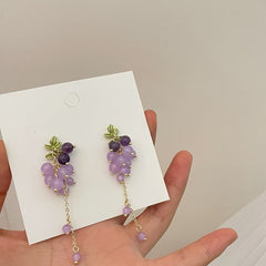 Vintage Purple Crystal Grape Leaf Earrings Sweet Reflective Smooth Irregular