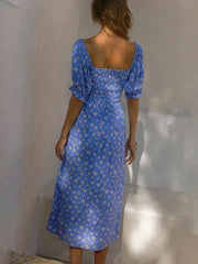 Puff Short Sleeve Women Summer Midi Dress Vintage