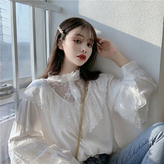 Sweet Loose Clothes Lace Up Ruffled Women Blouses Fashion Stand Collar